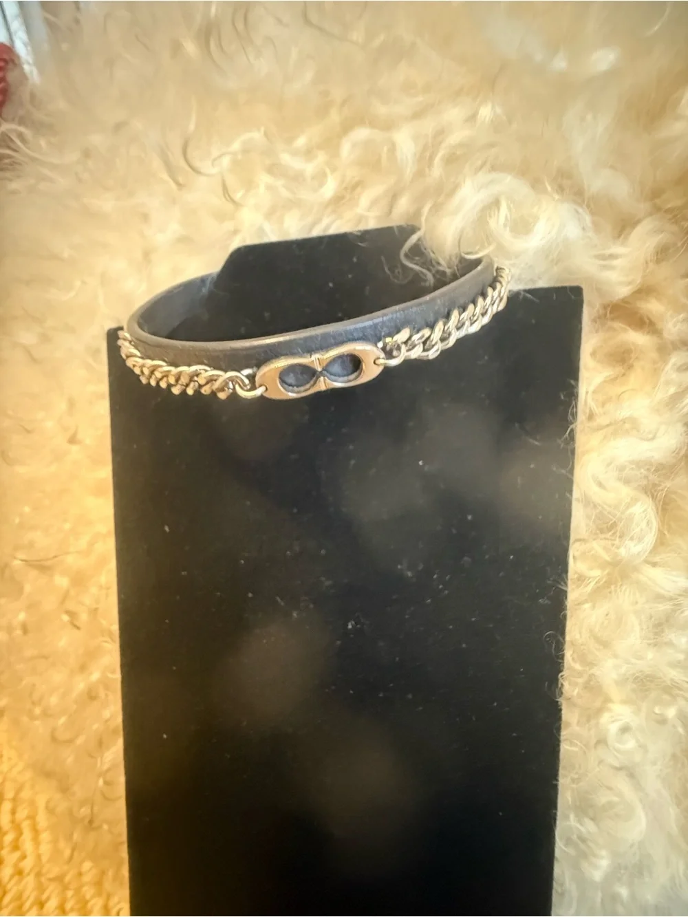 Coach Black Leather Bracelet with Silver Chain Accent